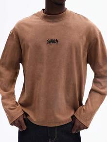 SUMWON Men's Long Sleeve Crew Neck T-Shirt With Back Text Print Regular Fit Cotton Casual Streetwear Typography Design Fall Winter - Khaki - View 4