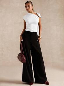 SHEIN BAE Áo thun nữ cổ tròn xếp ly kim loại màu trơn thời trang không đối xứng - trắng - Xem 3