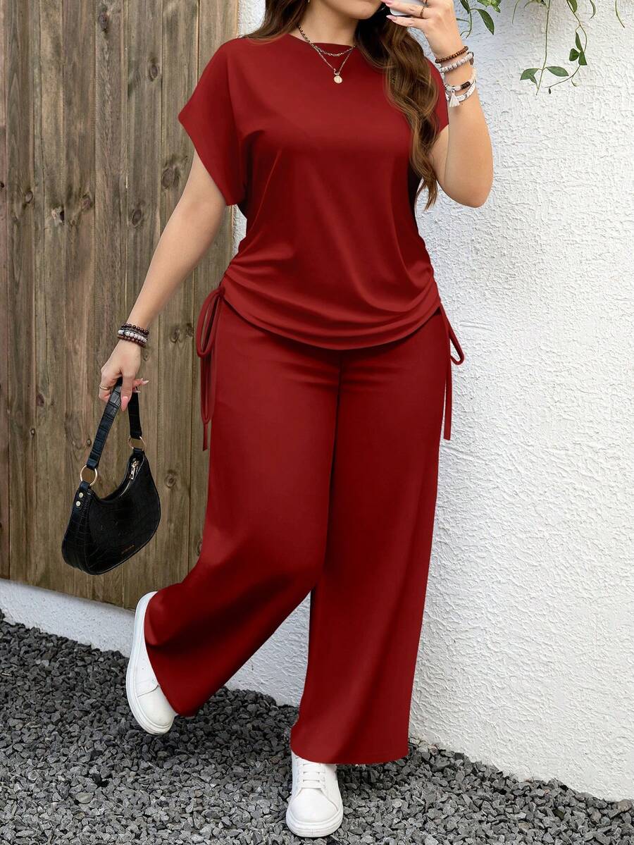 EMERY ROSE Conjunto informal de 2 piezas de color rojo sólido talla grande, adecuado para otoño/invierno y Año Nuevo - Rojo - Ver 1