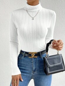 RosyDaze Áo thun dài tay cổ lọ cơ bản thường ngày dành cho nữ - trắng - Xem 3