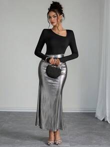 SHEIN Raffinéa 女士优雅派对/约会不对称领口拼接银色亮片珍珠装饰修身长袖连衣裙，秋冬款 - 黑色 - 查看 3