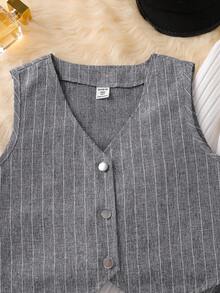 SHEIN 3pcs Girls Sleeveless Buttoned Vest, Turtleneck Ribbed Long Sleeve T-Shirt, And Pleated Skirt With Belt Set - Multicolor - View 6