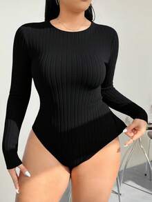SHEIN EZwear 休闲加大码黑色针织高领紧身保暖连体衣，适合秋冬季节穿着，黑色长袖连体衣，女士性感连体衣，性感女装，女士连体衣 - 黑色 - 查看 5