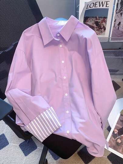 INAWLY 女士休闲通勤条纹拼布粉色衬衫