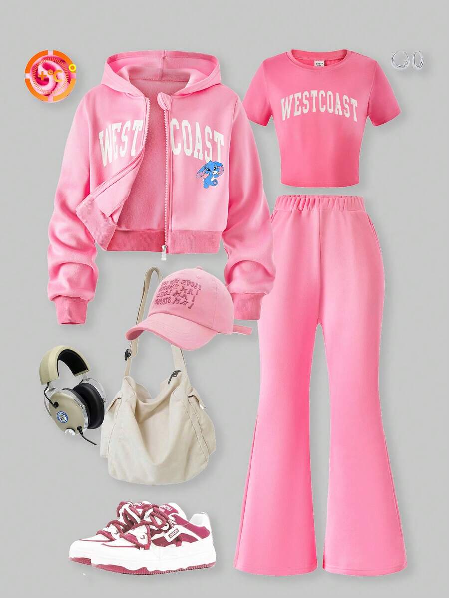 SHEIN Explorewe 3 件套女童休闲运动服,白色字母印花,蓝色卡通图案,蓝色罗纹,2 个口袋,适合上学、郊游、散步、旅行 - 粉色 - 查看 1