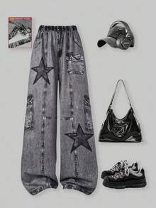 SHEIN ChillGRL Tween 女童炫酷百搭印花针织阔腿裤，时尚长裤，适合春夏秋季 - 黑色 - 查看 1