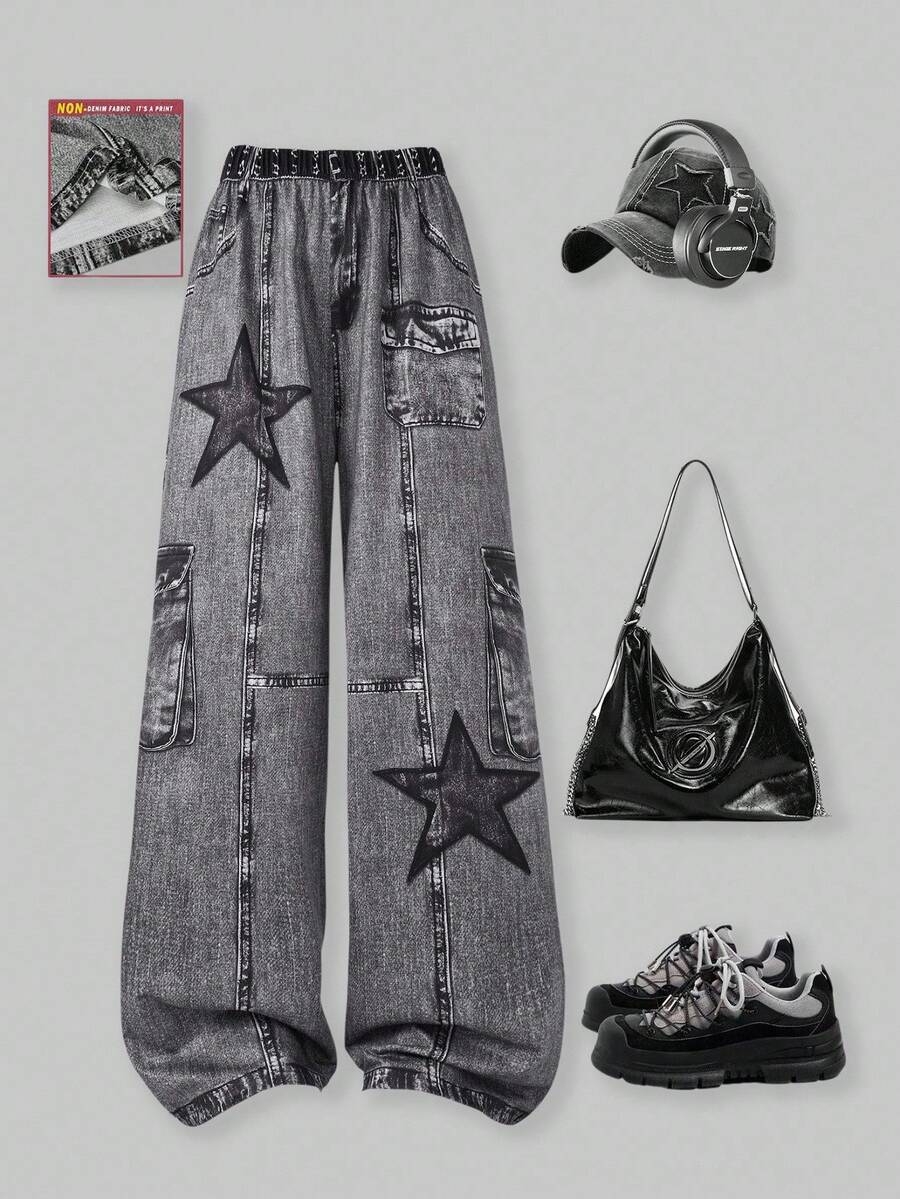 SHEIN ChillGRL Tween 女童炫酷百搭印花针织阔腿裤，时尚长裤，适合春夏秋季 - 黑色 - 查看 1