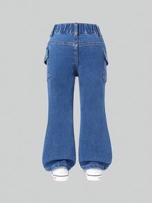 SHEIN ChillGRL 女童休闲多口袋松紧腰黑色水洗工装喇叭牛仔裤 - 中等水洗藍 - 查看 2