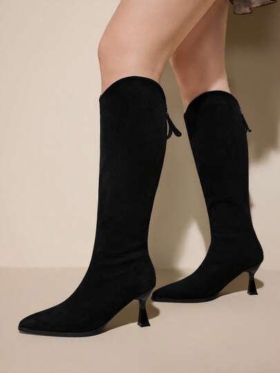 CUCCOO CURVES Women's Black Slim Heel Wide Fit Boots, Casual & Minimalist, Autumn/Winter For Christmas