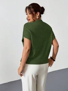 Firerie Atasan Rajut Kasual Lengan Pendek Kerah Tegak Model Batwing Warna Polos untuk Wanita Ukuran Plus, Cocok untuk Musim Semi hingga Musim Panas - Hijau - View 2