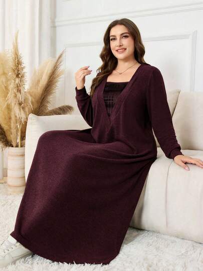 Lacomfia Plus Size Women Plaid Patchwork Casual Homewear Dress, Autumn/Winter