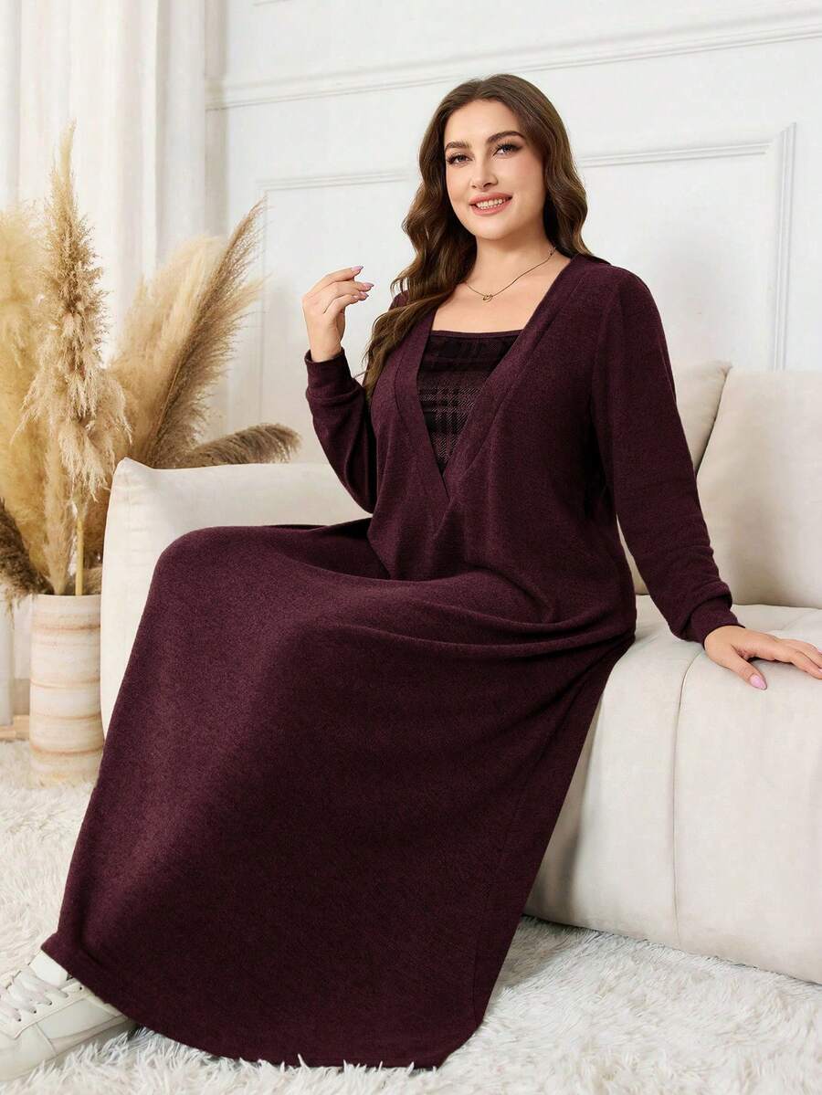 Lacomfia 大码女式格子拼接休闲家居连衣裙，秋冬款 - 紅色 - 查看 1