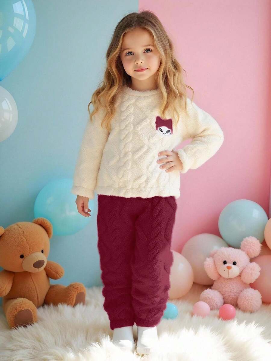 SHEIN Playful Pals 女童秋冬白色紫色提花抓絨套頭衫長褲套裝,刺繡圖案,4-7歲麻花編織套裝,適合幼兒園、生日、嬰兒 - 酒紅色 - 查看 1