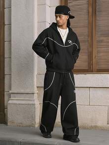 AXEPEAK Men's Loose Fit Casual Versatile Zip-Up Hoodie Set - Black - View 3