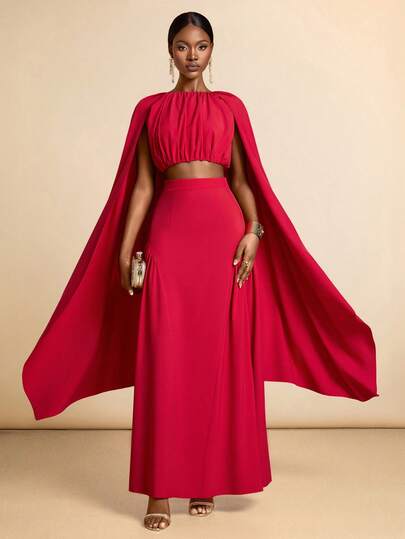 Vesra Women's Party Design Solid Color Ruched Cape Crop Top And High Waist Skirt 2-Piece Set
