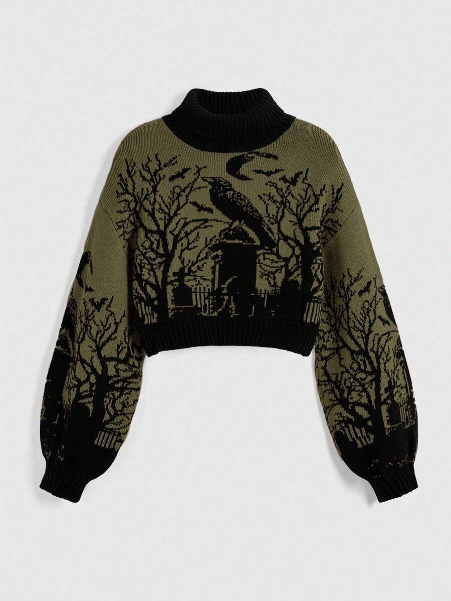 ROMWE Goth 女士哥特式暗黑高领保暖乌鸦墓地月亮蝙蝠树枝提花黑色灯笼袖毛衣 - 墨綠色 - 查看 1