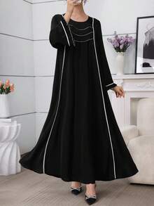 Al Najma 女士秋冬撞色褶皱优雅阿拉伯风格连衣裙 - 黑色 - 查看 8
