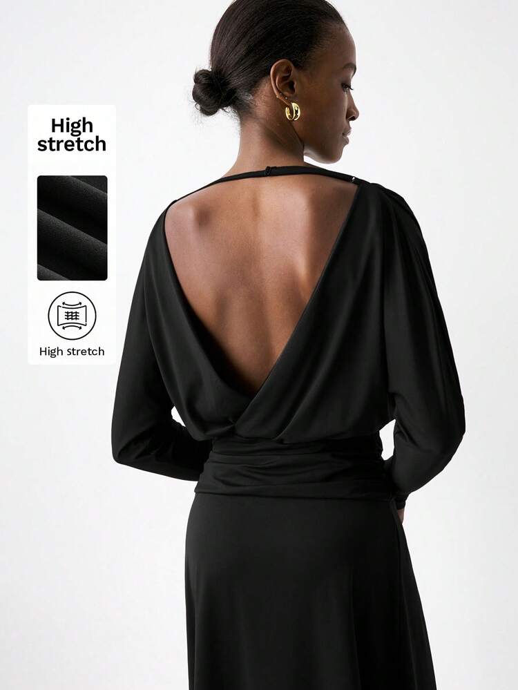 SHEIN Maija Women's Fashionable Solid Color Backless High Slit Dress, Designed With Elegance. Suitable For Urban Commute, Business Occasions, Casual, Beach Vacation. Versatile For Music Festivals, Valentine's Day, Summer Gatherings, Showcasing Feminine Elegance And Confidence.