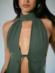 Denimoi Top frente única sexy com decote alto e costas abertas em tule, costas nuas, ideal para primavera e verão. Perfeito para férias, verão e baladas. - Verde Azeitona - Ver 3