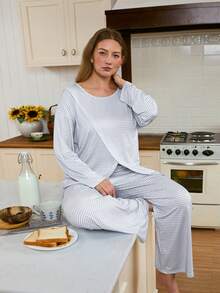 Doze Lane Bộ đồ ngủ tay ngắn kẻ sọc cỡ lớn dành cho nữ kèm quần short, thích hợp mặc ở nhà - Nhiều màu - Xem 3