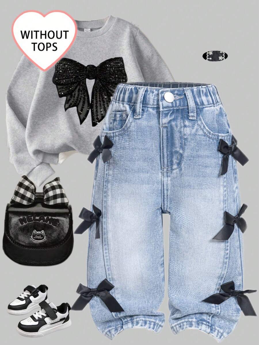 SHEIN Baby Girl Casual Distressed Bow Decor Washed Denim Jeans - Blue - View 1