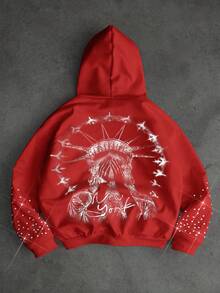 Manfinity EMRG 男士街头风INS风自由女神像图案配套红色水钻装饰休闲卫衣，男友/老公礼物，周年纪念礼物，水钻街头红色图案连帽衫，秋冬款，长袖上衣 - 彩色 - 查看 2
