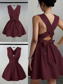 Franclia 女士浪漫优雅性感婚礼宾客纯色交叉 V 领无袖 A 字迷你连衣裙，演唱会服装百搭设计，适合海滩、派对、春夏口袋晚礼服露背奶油黄短裙 - 酒紅色 - 查看 6