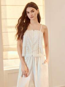 MOTF PREMIUM 3PCS SOLID LACE INSERT CAMI TOP & WIDE LEG PANTS & BELTED ROBE PAJAMA SET - White - View 3