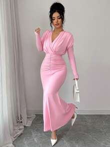 SHEIN Elenzya Elegant Romantic Vacation & Commute Pleated V-Neck Mermaid Dress - Pink - View 5