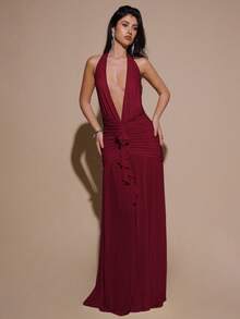 MSSHEIN  Vestido maxi de mujer elegante, minimalista y sexy de color amarillo crema con cuello en V profundo, halter, ajustado, fruncido y de malla - Burdeos - Ver 6
