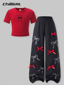 SHEIN ChillGRL 青少年女孩休闲时尚街头风格标语和蝴蝶结印花短袖 T 恤和松紧腰宽松阔腿裤套装，夏季 - 酒紅色 - 查看 3