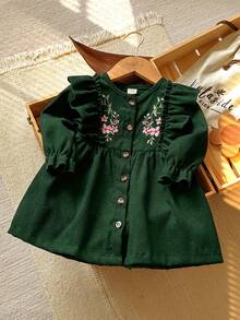 SHEIN 女婴休闲刺绣连衣裙，春秋季款，优雅森系风格 - 綠色 - 查看 4