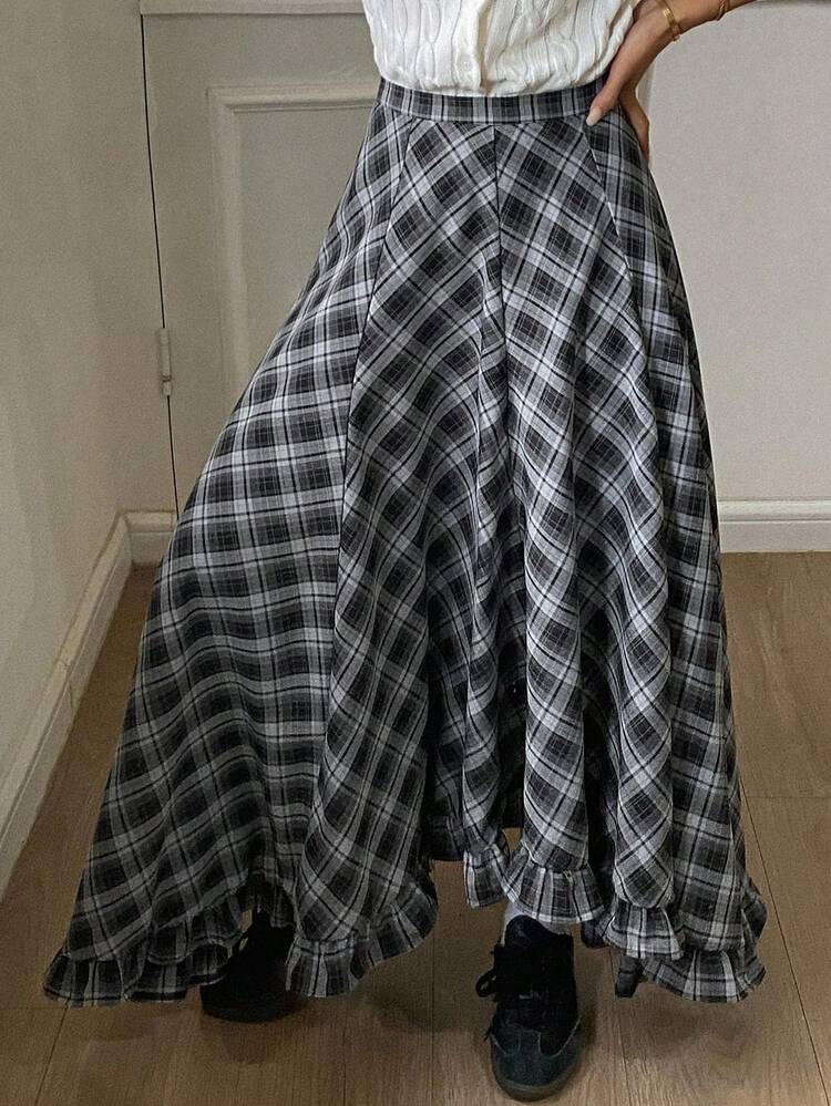 Contrast Plaid Asymmetrical Hem Patchwork Ruffle Hem Skirt, Casual Vacation Autumn/Winter Women Skirt Y2k