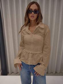 MUSERA Cinched Corset Detail Button Down Long Sleeve Shirt Classy Sexy Streetwear Fall Autumn Night Out Winter Christmas Party