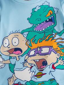 Nick 90s | SHEIN Baby Boy Cartoon Nick Dinosaur Print Cute Casual Comfortable Blue Long Sleeve T-Shirt And Pants Tight Fit Pajama Set - Blue - View 7