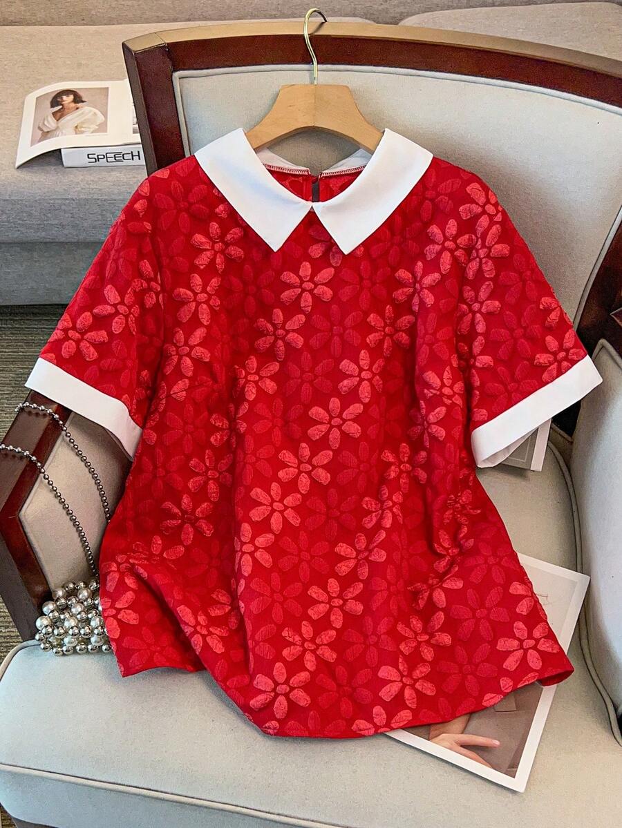 Plus Size Contrast Color Collar Short Sleeve Jacquard Print Blouse Valentine's Day - Red - View 1