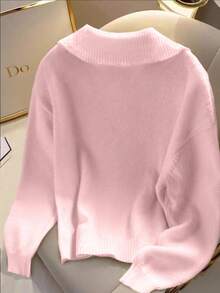 SHEIN LUNE 女士纯色简约纽扣装饰长袖针织毛衣 - 淺粉色 - 查看 2