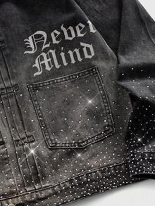 ROMWE MEN Men's Letter Print Long Sleeve Single-Breasted Rhinestone Denim Jacket, Casual Wear - Black - View 5