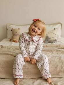 SHEIN Baby Girl 6Months-3year 2pcs/Set Spring Outfits For Girl Casual Daily Style Loose Suit, Flower-Printing Long Sleeves Button Topt&Flower-Printing Long Simple Basic Pants - Multicolor - View 3