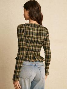 Poéselle 女士时尚休闲格子图案船领长袖衬衫，绿色上衣，优雅女式衬衫，休闲女装，新年女装，适合日常穿着、外出、通勤，秋冬格子上衣 - 綠色 - 查看 7