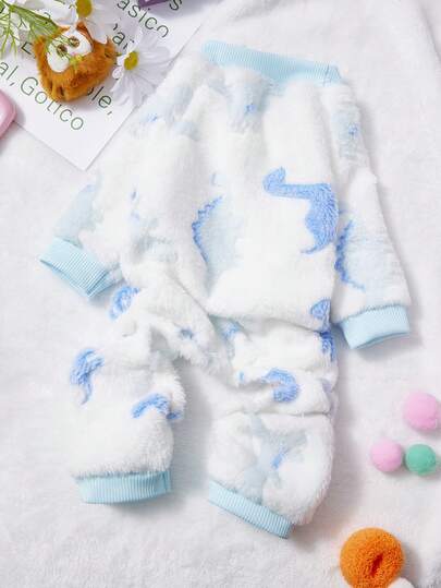 PETSIN 1pc Blue Dinosaur Print Pet Jumpsuit White Autumn And Winter Flannel Warm And Comfortable Pet Warm Clothes