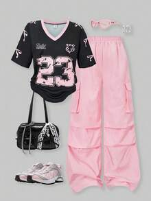 SHEIN ChillGRL 2 件套青少年女孩美式拼布短袖图案 T 恤和工装裤套装