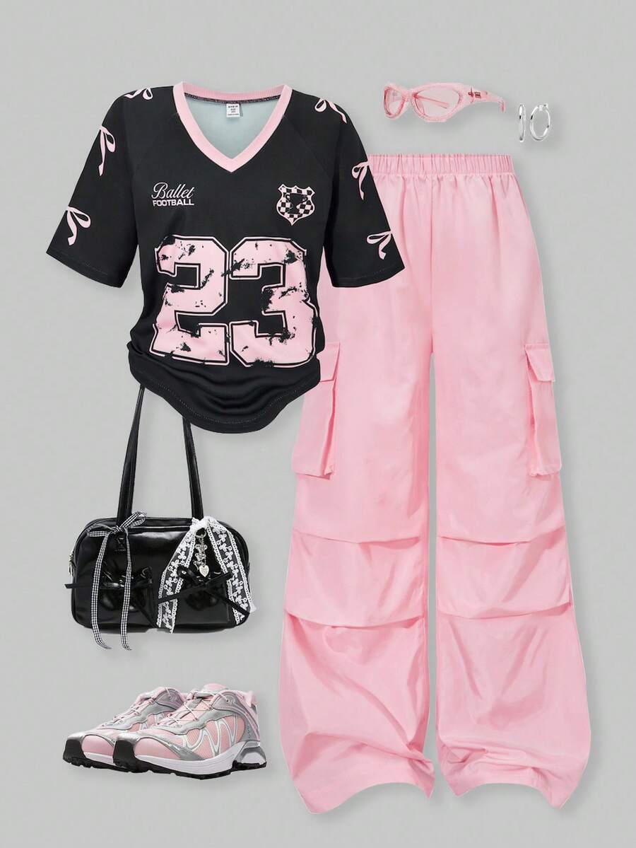 SHEIN ChillGRL 2 件套青少年女孩美式拼布短袖图案 T 恤和工装裤套装