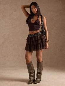 SHEIN BAE Váy dự tiệc/club kiểu phương Tây màu nâu đính đá thời trang dành cho nữ mùa Thu/Đông, váy xòe, váy đi club, váy casual cho năm mới, váy đi chơi. - Cà phê nâu - Xem 8