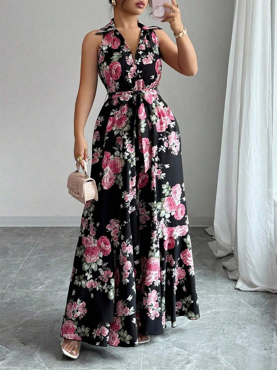 Elenzga Đầm dài cổ chữ V họa tiết hoa thanh lịch dành cho nữ cỡ lớn - màu đen - Xem 1