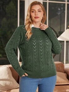 EMERY ROSE Plus Size Winter Casual Elegant Knitted Floral Pattern Fitted Round-Neck Sweater Pullover, Suitable As A Base Layer Or Outerwear For Work, Shopping, Vacation, Parties, Music Festivals, Home Wear, Back-To-School Events, And As A Gift.,Fall Clothes For Women Autumn - Army Green - View 6