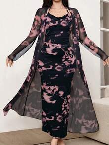 Modelyn 2pcs/Set Leopard Print Mesh Sleeveless Dress And Cardigan Shawl 2 Pieces Set - Multicolor - View 4