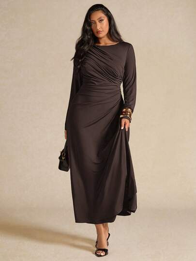 SHEIN BAE Plus Size Elegant Långärmad Plisserad Klänning för Dam, Gul, Höst/Vinter