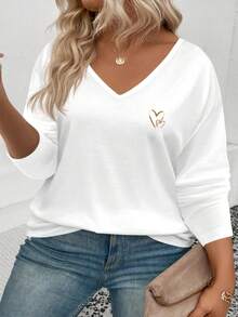 EMERY ROSE Women's Heart Print V-Neck Long Sleeve Plus Size Basic T-Shirt, Popular For Autumn/Winter - White - View 4