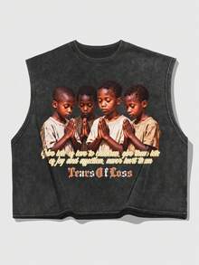 ROMWE MEN Goth Men's Slogan & Figure Print Crew Neck Casual Cropped Top - Black - View 6